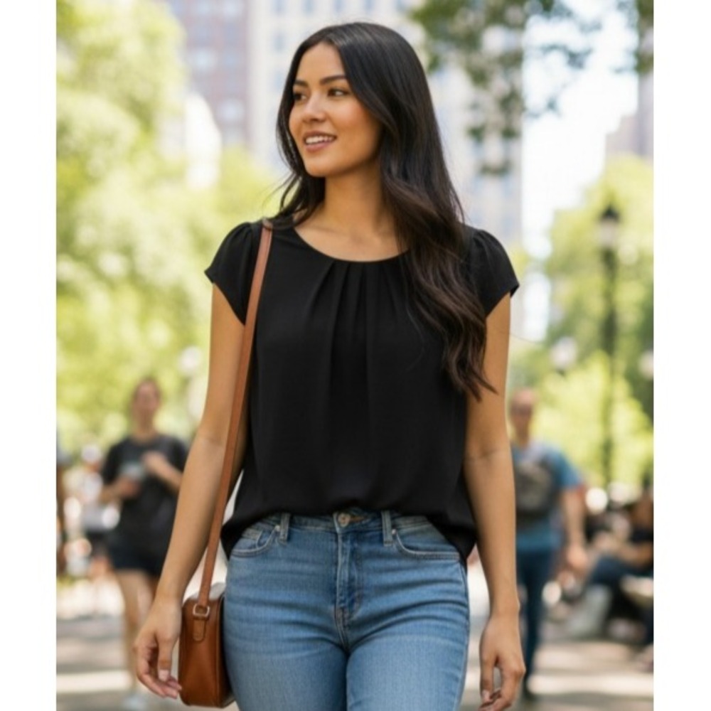 Meraki L Black Pleated Neck Cap Sleeve Top Minimalist Office Boho Casual Womens